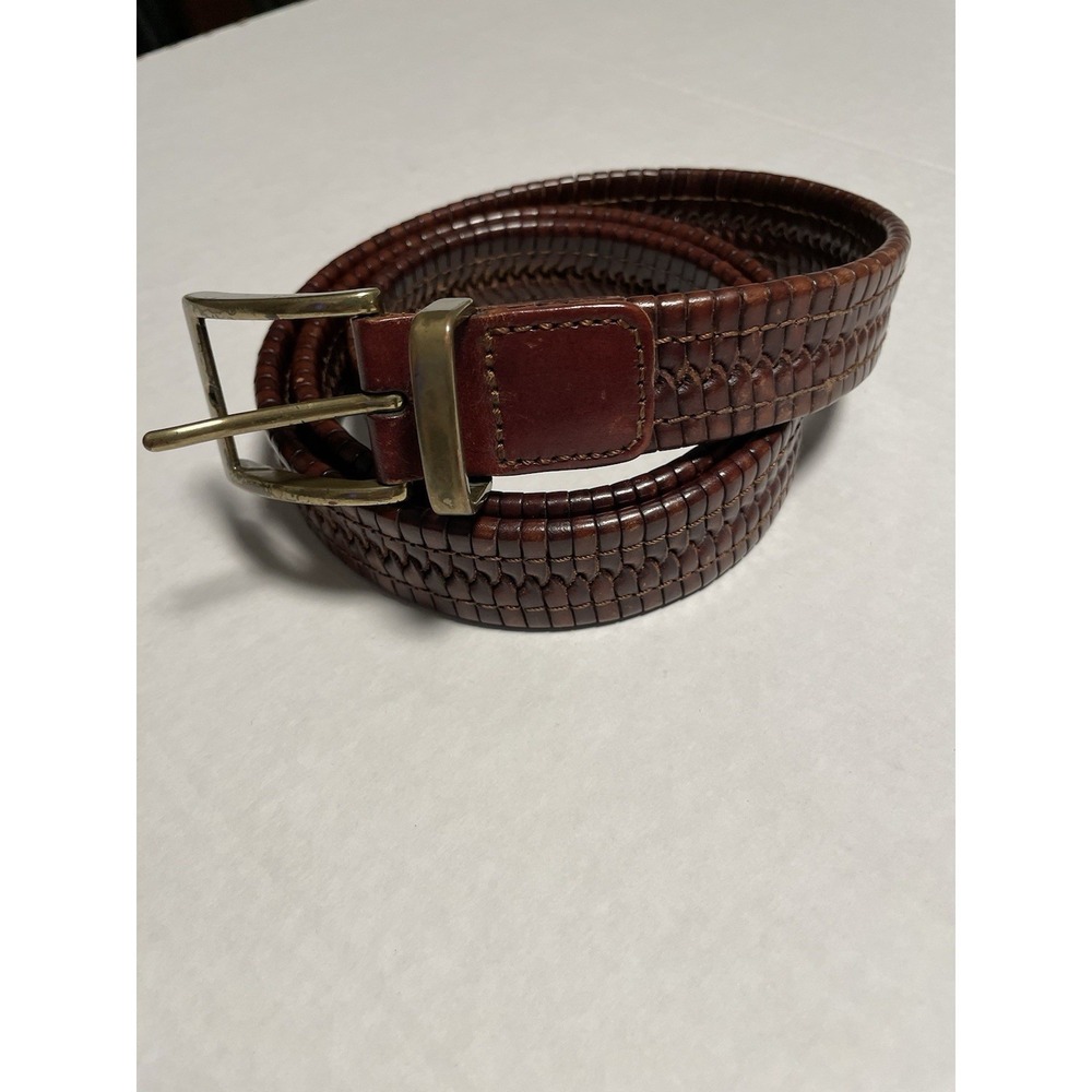 Vintage Woven Braided Belt Sz 38 Cognac Brown Italian Leather Brass Buckle